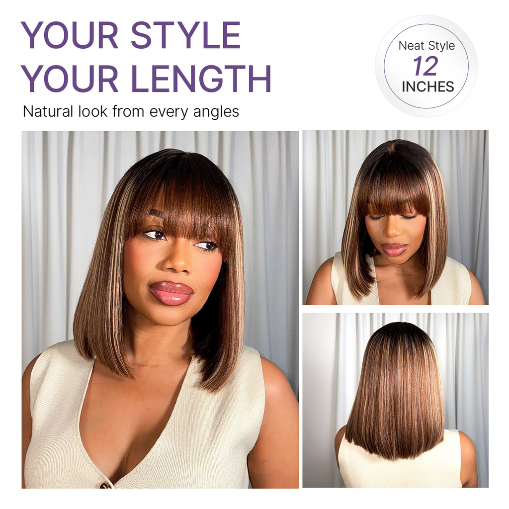 Beginner Friendly Honey Blonde Highlight Yaki Blunt Cut Bob Glueless Minimalist Lace Bob Wig with Bangs