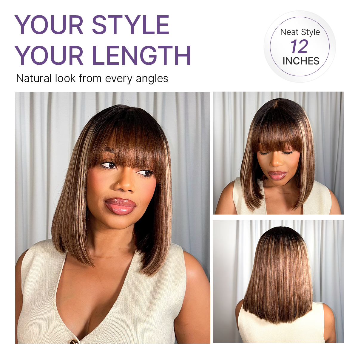 Beginner Friendly Honey Blonde Highlight Yaki Blunt Cut Bob Glueless Minimalist Lace Bob Wig with Bangs