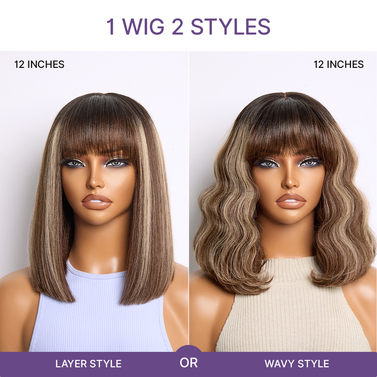 Beginner Friendly Honey Blonde Highlight Yaki Blunt Cut Bob Glueless Minimalist Lace Bob Wig with Bangs