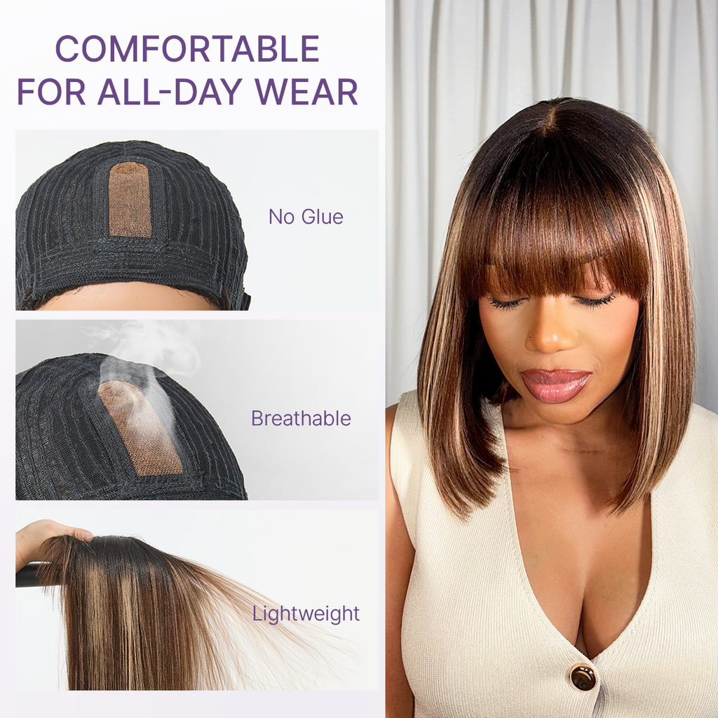 Beginner Friendly Honey Blonde Highlight Yaki Blunt Cut Bob Glueless Minimalist Lace Bob Wig with Bangs