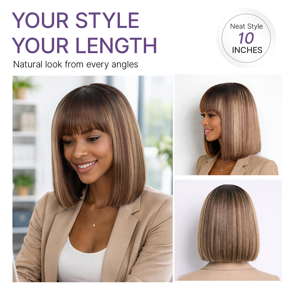Beginner Friendly Honey Blonde Highlight Yaki Blunt Cut Bob Glueless Minimalist Lace Bob Wig with Bangs
