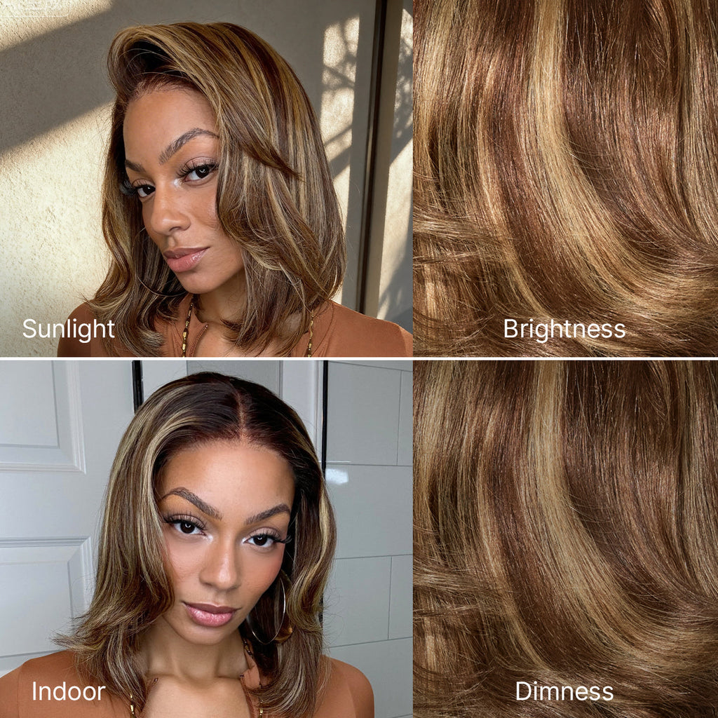 Blonde Highlight / Brown Highlight Short Layered Bob Wig Glueless 5x5 Closure Pre-Cut Lace Wig