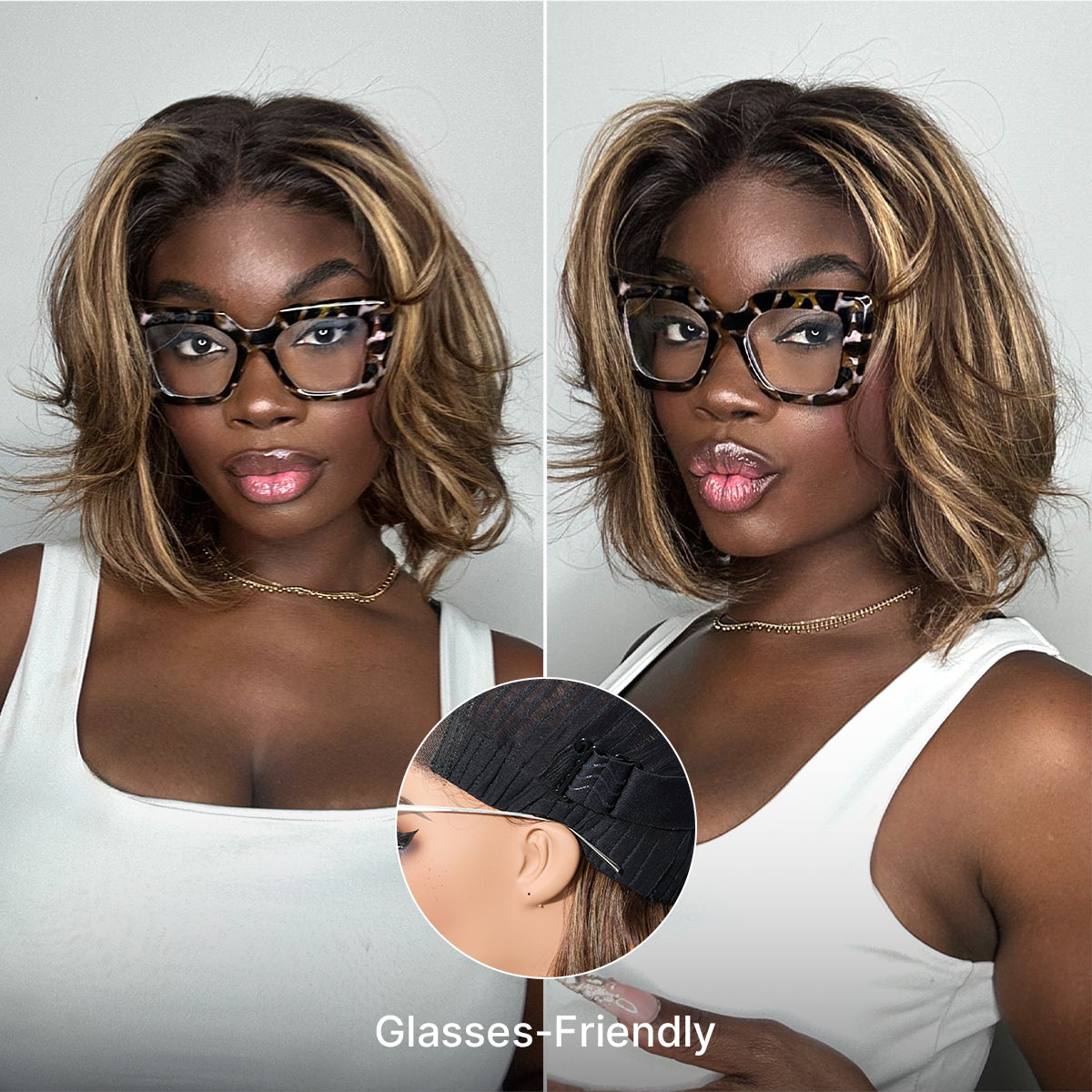 Blonde Highlight / Brown Highlight Short Layered Bob Wig Glueless 5x5 Closure Pre-Cut Lace Wig