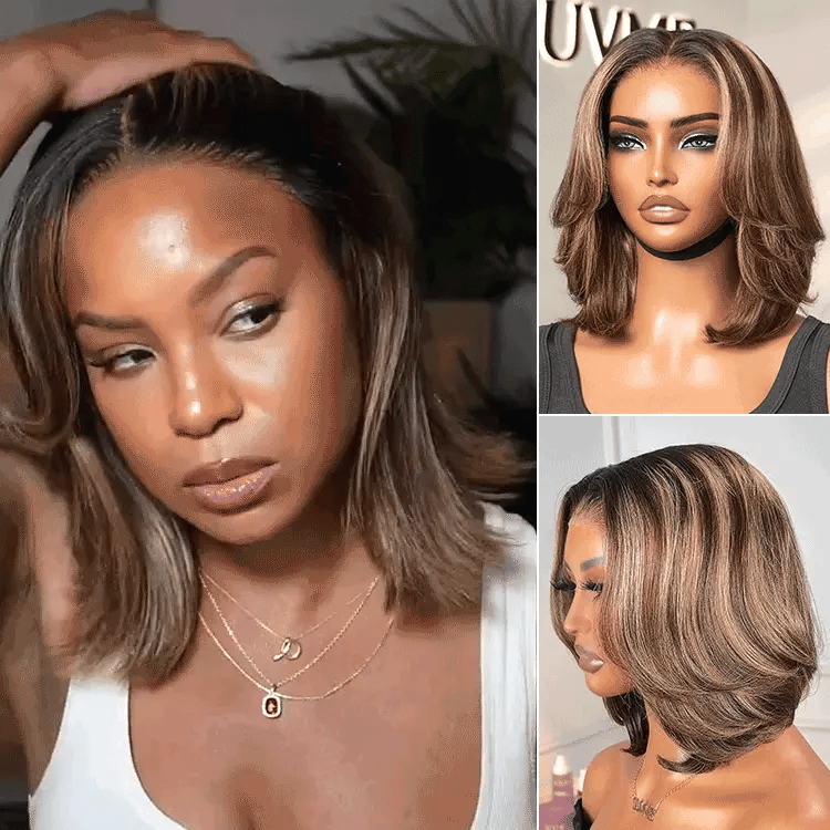 Blonde Highlight / Brown Highlight Short Layered Bob Wig Glueless 5x5 Closure Pre-Cut Lace Wig