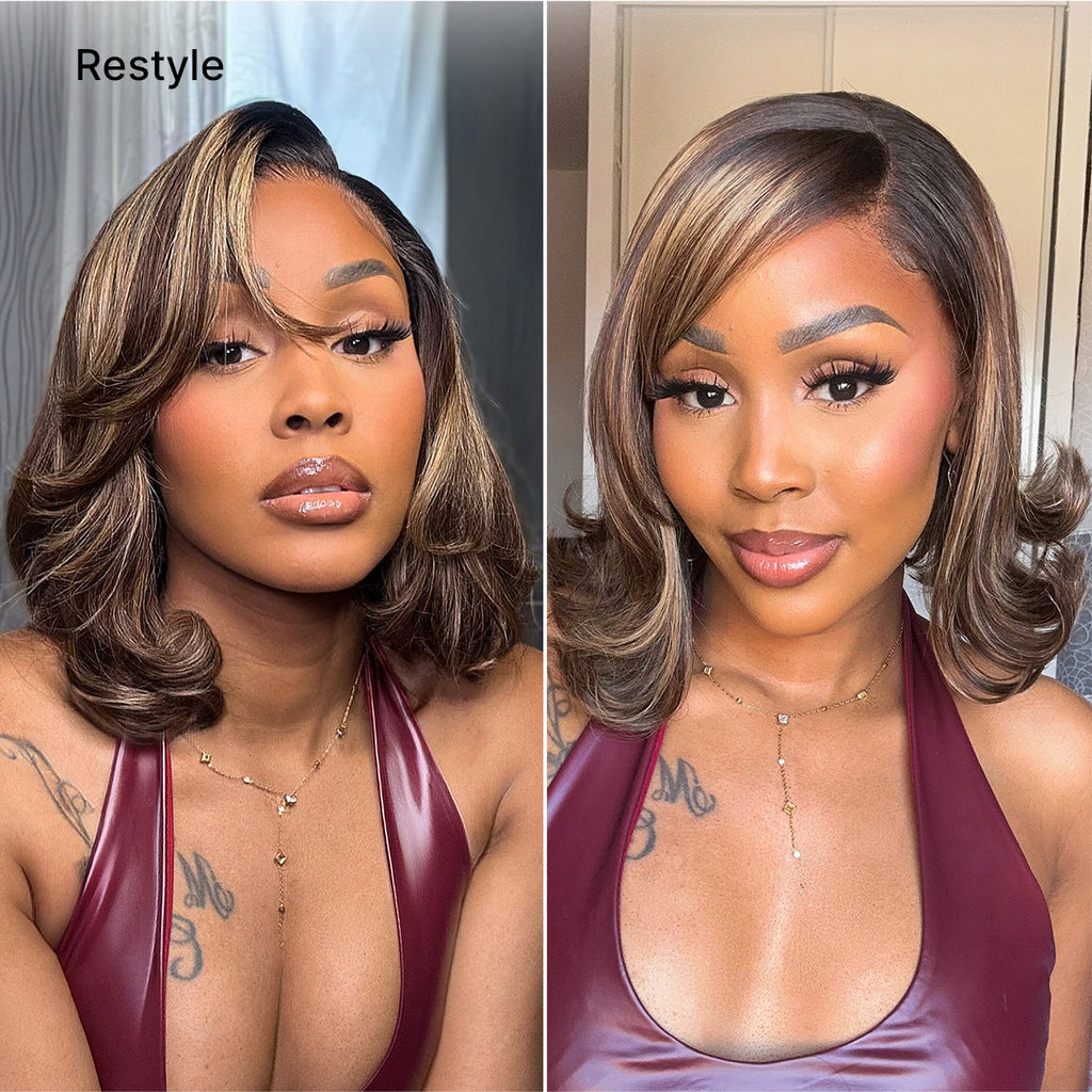 Blonde Highlight / Brown Highlight Short Layered Bob Wig Glueless 5x5 Closure Pre-Cut Lace Wig