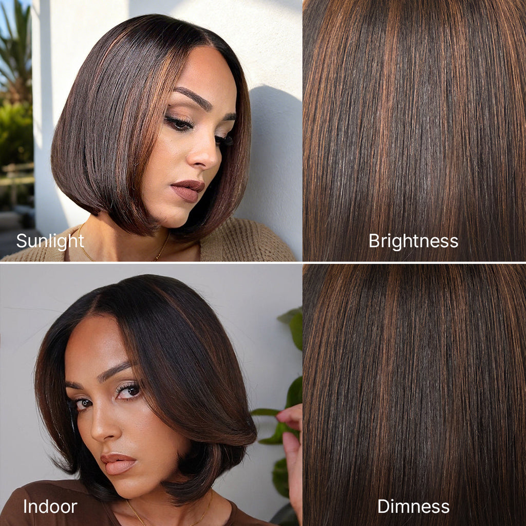Brown Highlight Silky Short Bob Wig Layered Cut Human Hair Glueless 5x5 Closure Pre-Cut Lace Wig