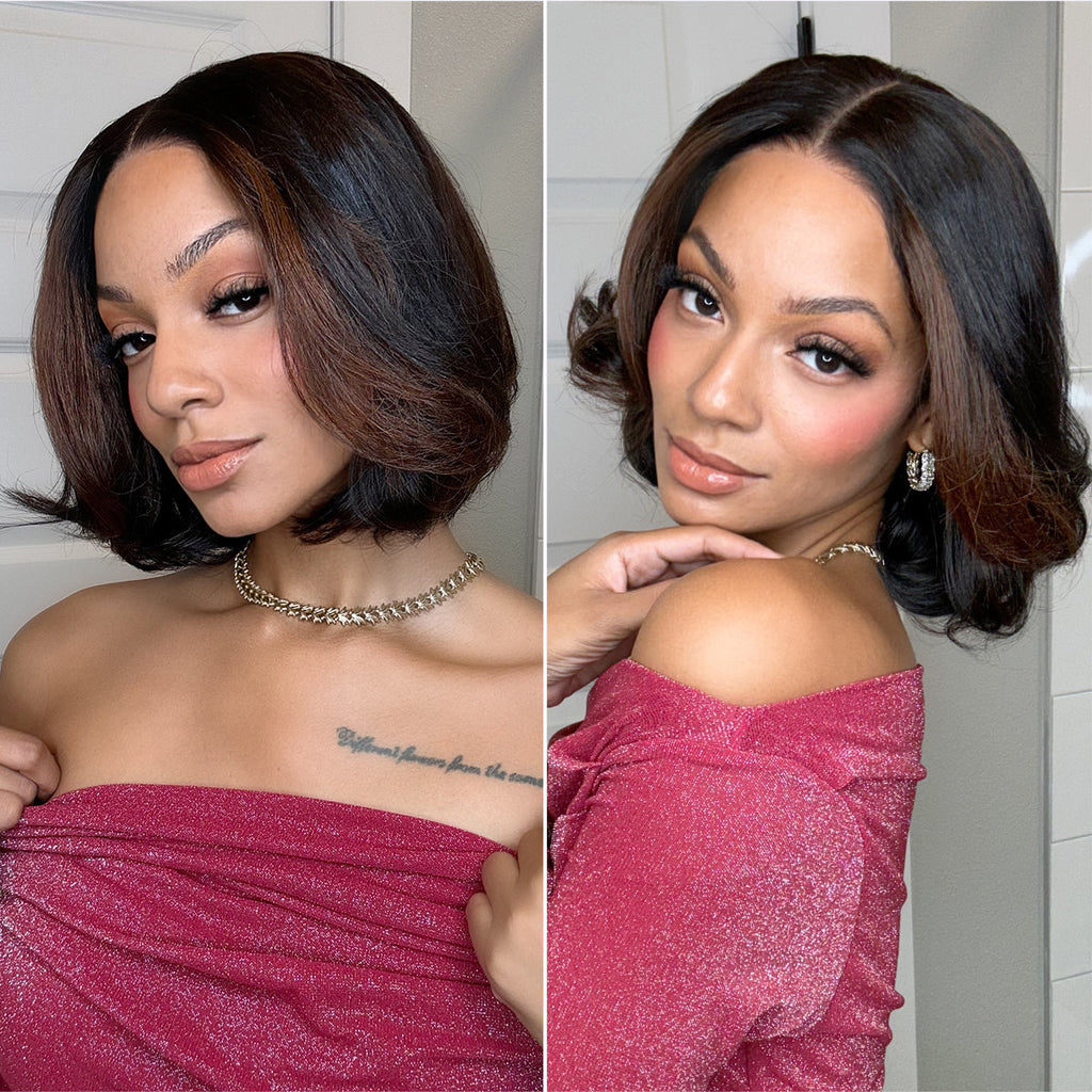 Brown Highlight Silky Short Bob Wig Layered Cut Human Hair Glueless 5x5 Closure Pre-Cut Lace Wig
