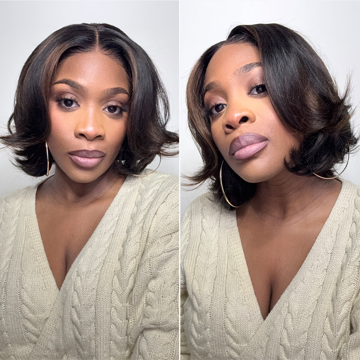 Brown Highlight Silky Short Bob Wig Layered Cut Human Hair Glueless 5x5 Closure Pre-Cut Lace Wig