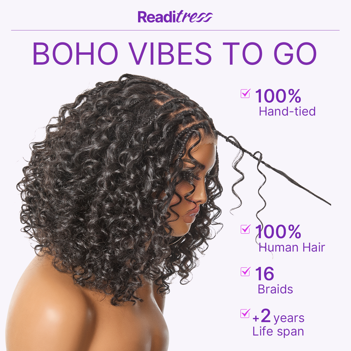 Readitress™ Boho Braids Deep Curly Glueless 5x5 Closure Lace with Braided Top Human Hair Wig Pre-Cut Lace
