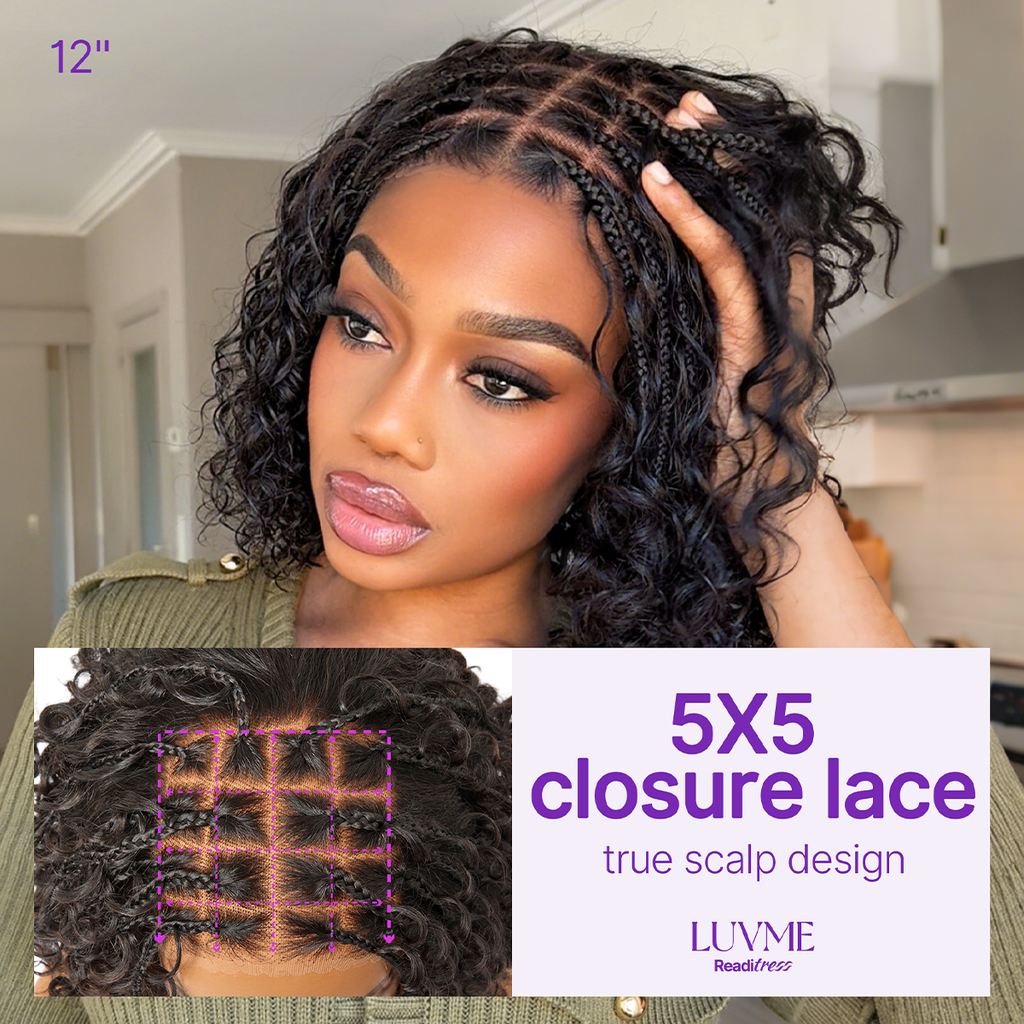 Readitress™ Boho Braids Deep Curly Glueless 5x5 Closure Lace with Braided Top Human Hair Wig Pre-Cut Lace