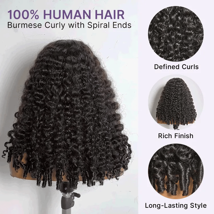 180% Density Burmese Curly Finger Coil Ends Glueless 5x5 Closure HD Lace Wig Pre-Cut Lace - Limited Time Offer