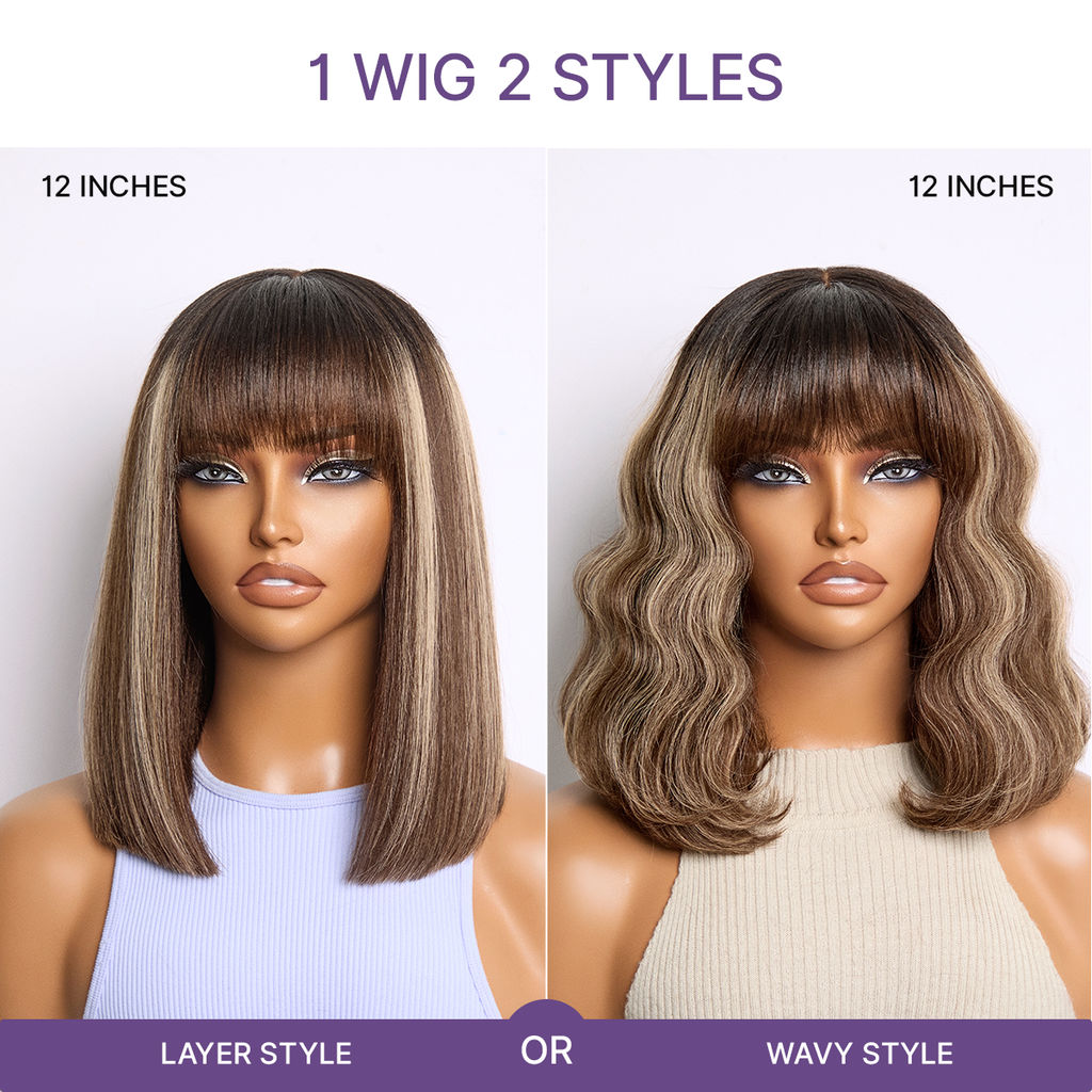 New Customers Only | Put On and Go Realistic Glueless Yaki Straight Bob with Bangs Minimalist Lace Wig 100% Human Hair