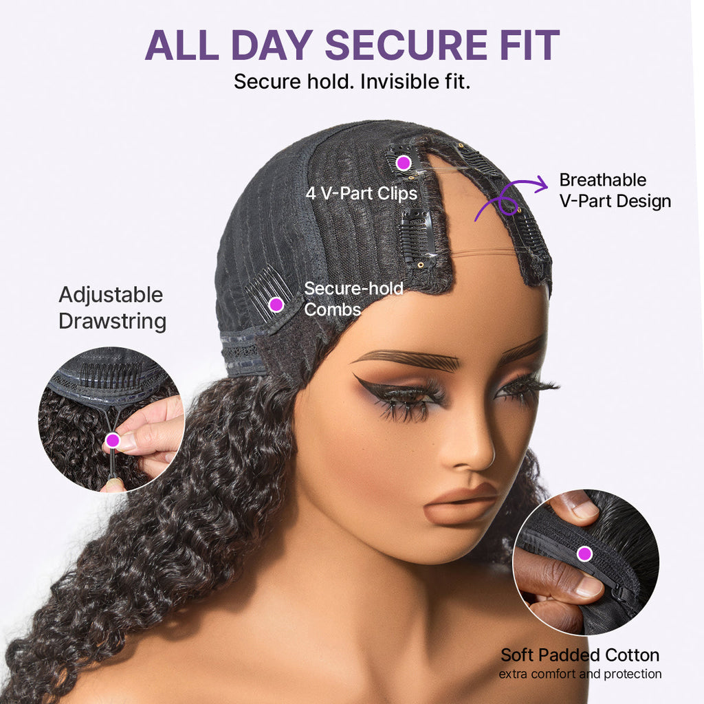 True Scalp Burmese Curly V Part Glueless Human Hair Wig Flexi-Fit Drawstring