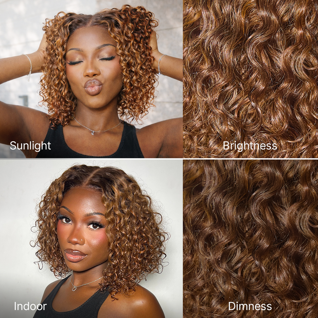 Warm Caramel Brown / Natural Black Deep Curly Glueless 5x5 Closure Pre-Cut Lace Wig