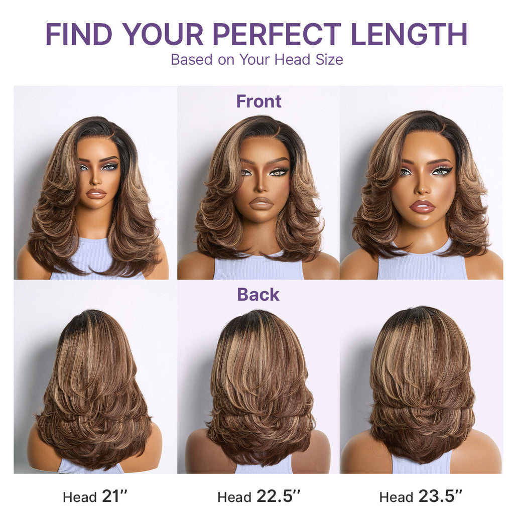 Caramel Brown Highlight Layered Haircut Wavy Glueless HD Minimalist Lace Wig Pre-Cut