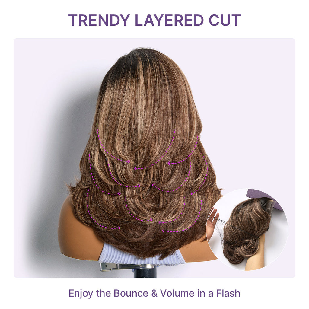 Caramel Brown Highlight Layered Haircut Wavy Glueless HD Minimalist Lace Wig Pre-Cut