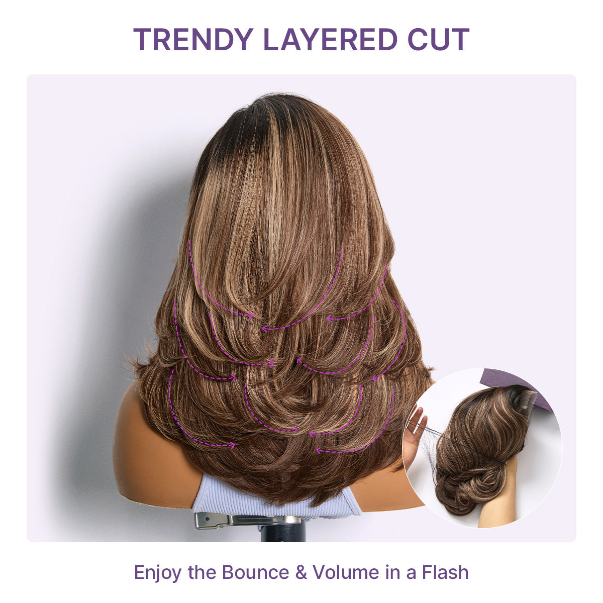 Caramel Brown Highlight Layered Haircut Wavy Glueless HD Minimalist Lace Wig Pre-Cut