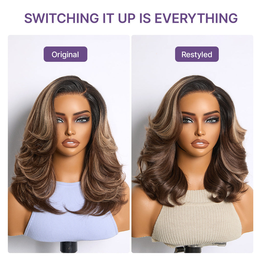 Caramel Brown Highlight Layered Haircut Wavy Glueless HD Minimalist Lace Wig Pre-Cut