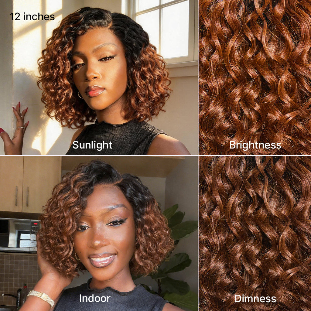 Ready to Go Ombre Brown Water Wave Short Curly Bob Wig Glueless Minimalist HD Lace Wig Pre-Cut Lace