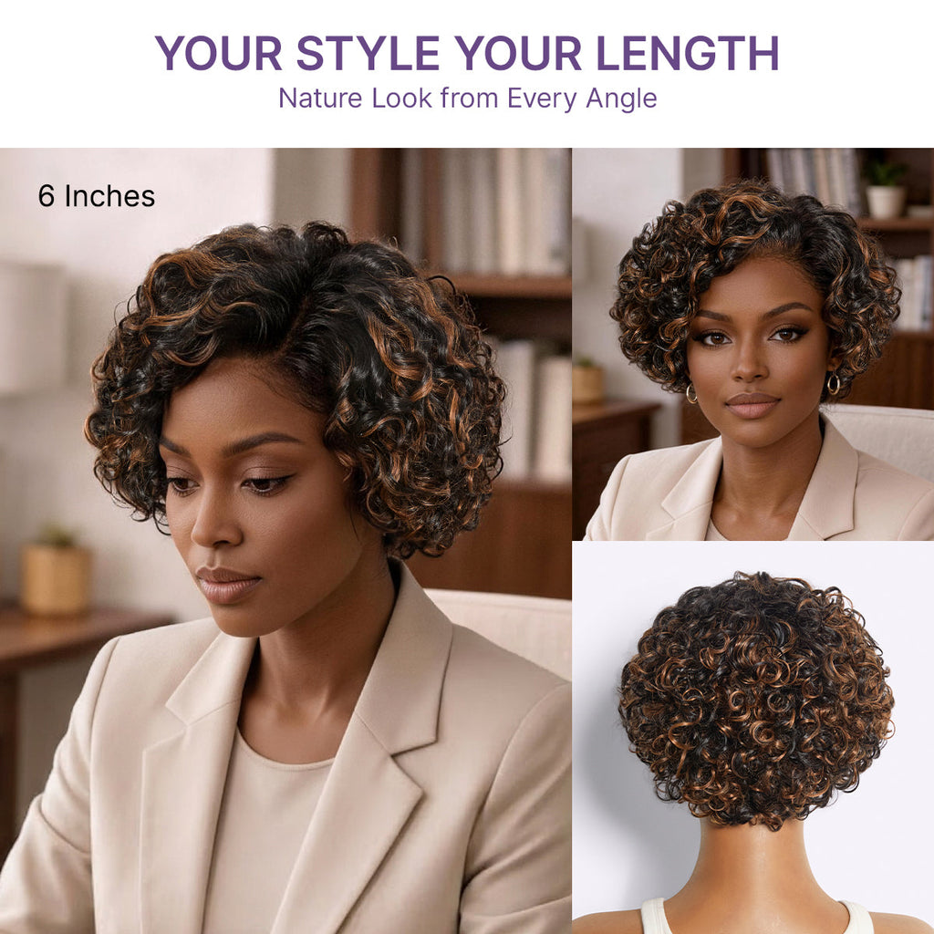 New Customers Only | Brown Highlight / Natural Black Water Wave Pixie Cut Glueless Minimalist HD Lace Short Curly Wig