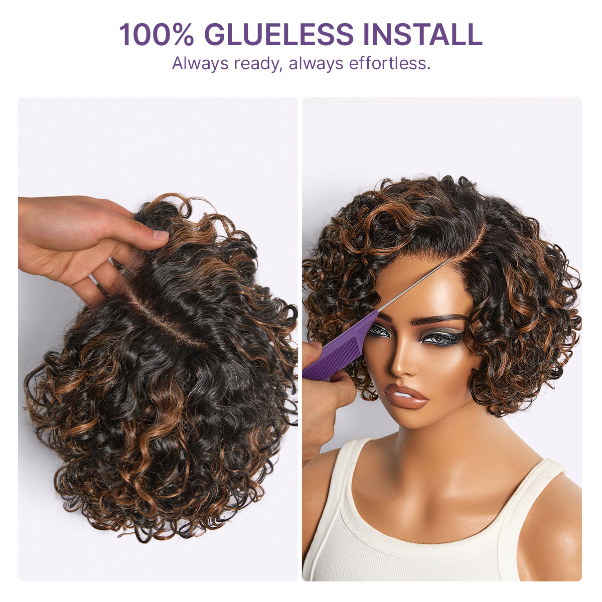 New Customers Only | Brown Highlight / Natural Black Water Wave Pixie Cut Glueless Minimalist HD Lace Short Curly Wig