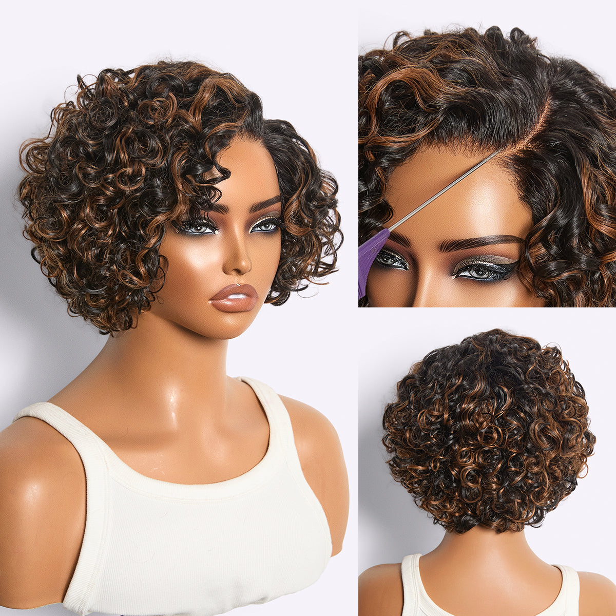 Brown Highlight Water Wave Pixie Cut Glueless Minimalist HD Lace Short Curly Wig