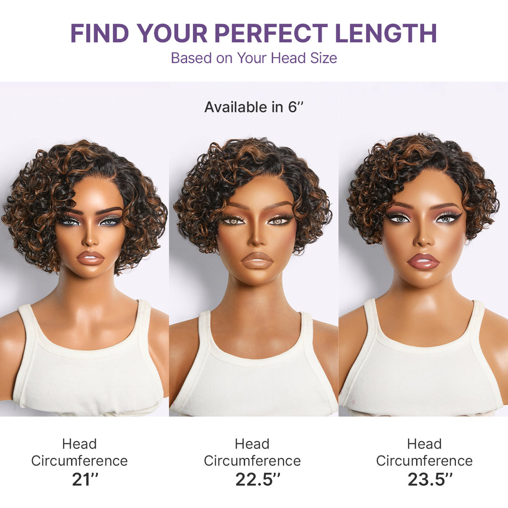 Brown Highlight Water Wave Pixie Cut Glueless Minimalist HD Lace Short Curly Wig