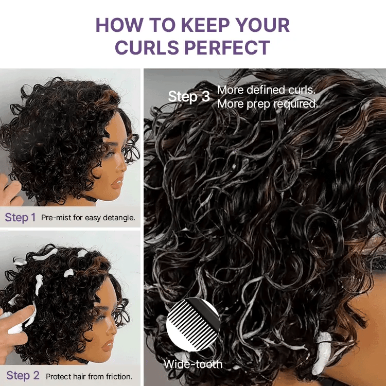 Brown Highlight Water Wave Pixie Cut Glueless Minimalist HD Lace Short Curly Wig