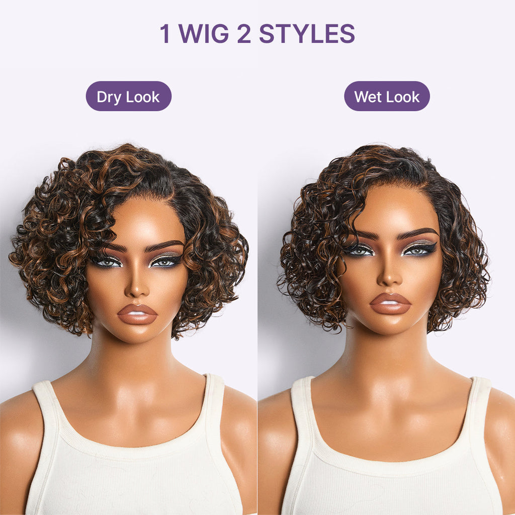 Brown Highlight Water Wave Pixie Cut Glueless Minimalist HD Lace Short Curly Wig