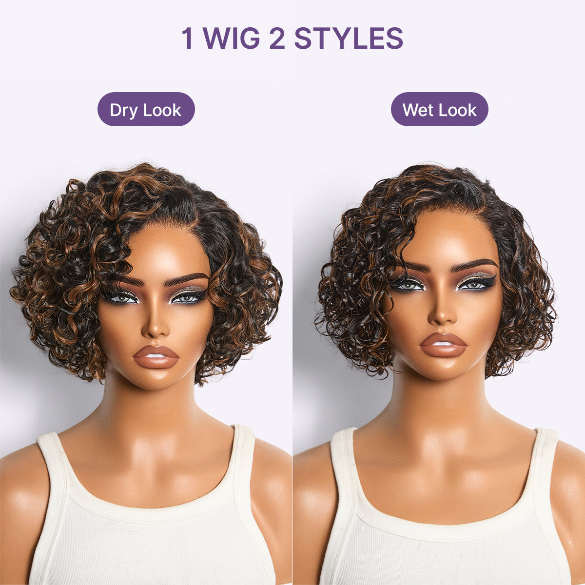 New Customers Only | Brown Highlight / Natural Black Water Wave Pixie Cut Glueless Minimalist HD Lace Short Curly Wig