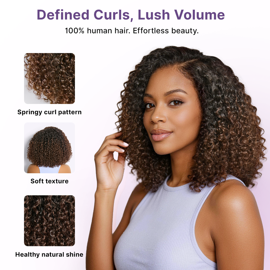 Wear & Go Ombre Brown Fluffy Curly 180% Density Glueless 5x5 Closure HD Lace Wig Pre-Cut Lace
