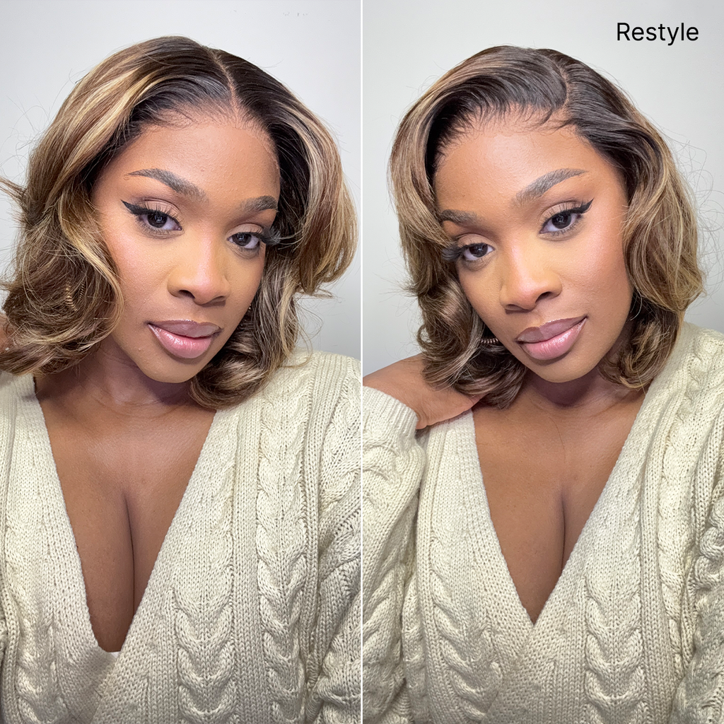 Blonde Highlight / Brown Highlight Short Layered Bob Wig Glueless 5x5 Closure Pre-Cut Lace Wig
