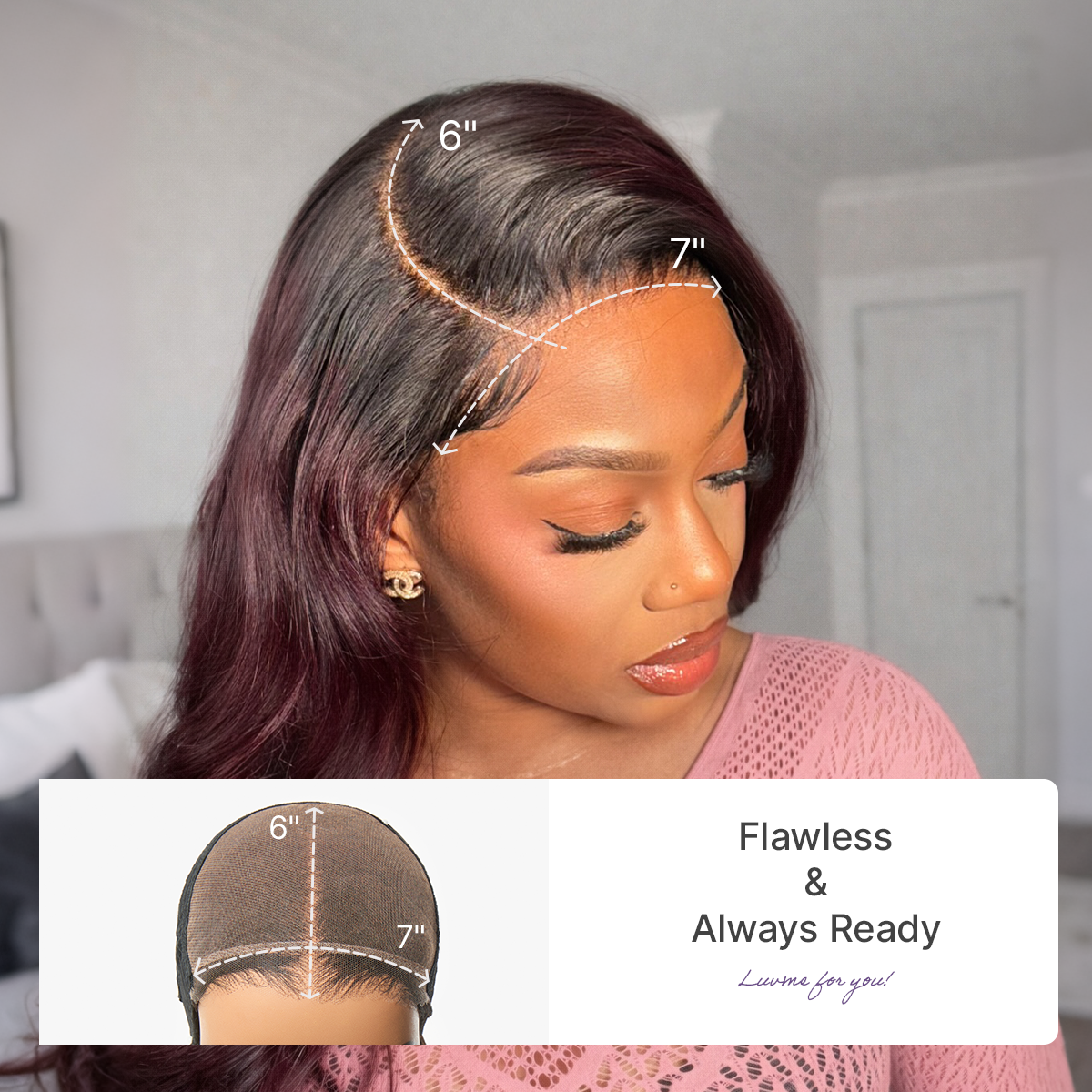 Luvme All-Day Comfort Wig 180% Density Rich Dark Plum Loose Body Wave PartingMax Glueless 7x6 Closure HD Lace Wig Pre-Cut Lace