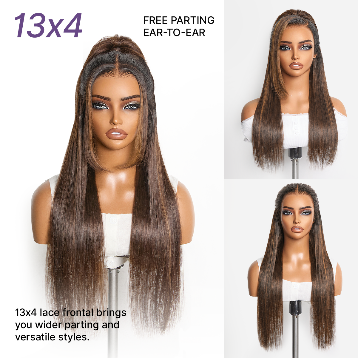PreMax Wigs - Chestnut Brown with Honey Blonde Highlights Silky Straight 13x4 Frontal Lace Glueless Long Wig Pre-Cut Lace