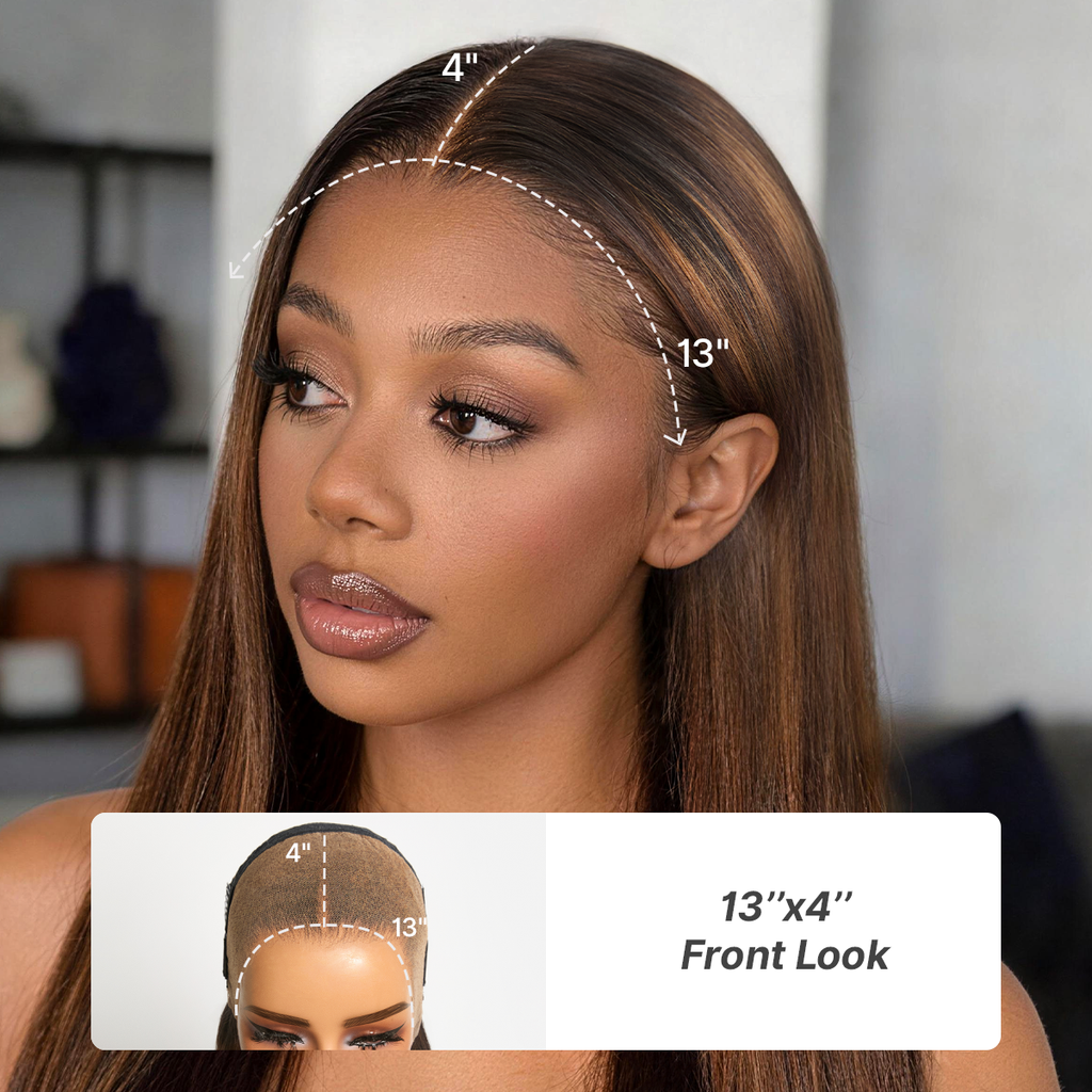 PreMax Wigs - Chestnut Brown with Honey Blonde Highlights Silky Straight 13x4 Frontal Lace Glueless Long Wig Pre-Cut Lace