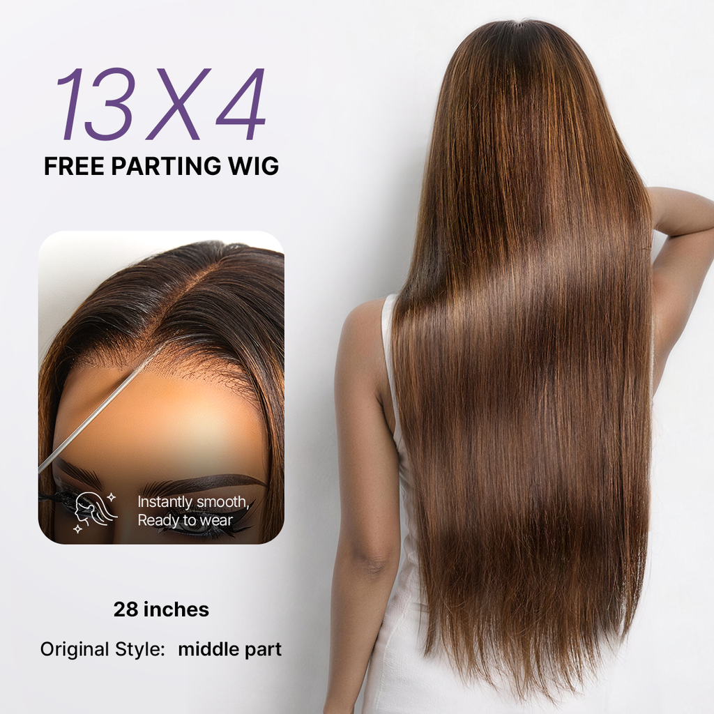 PreMax Wigs - Chestnut Brown with Honey Blonde Highlights Silky Straight 13x4 Frontal Lace Glueless Long Wig Pre-Cut Lace
