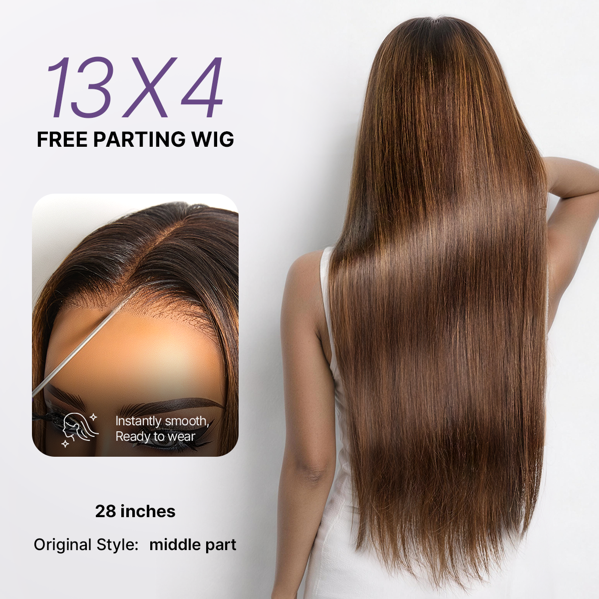PreMax Wigs - Chestnut Brown with Honey Blonde Highlights Silky Straight 13x4 Frontal Lace Glueless Long Wig Pre-Cut Lace