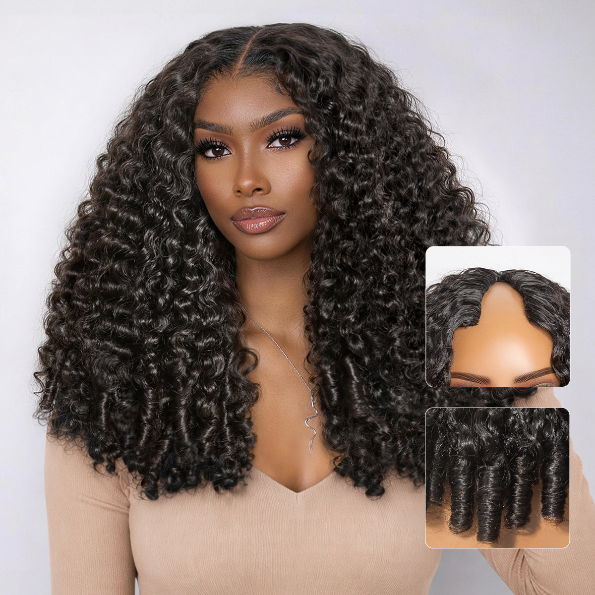 True Scalp V Part 180% Density Burmese Curly Finger Coil Ends Glueless Human Hair Wig with Flexi-Fit Drawstring