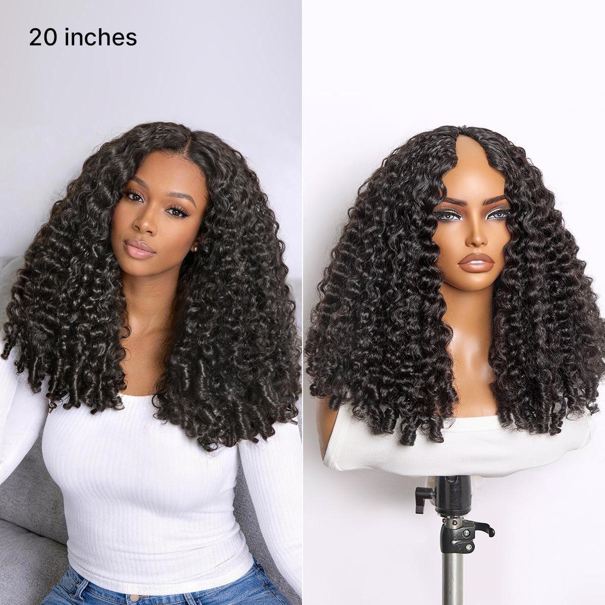 True Scalp V Part 180% Density Burmese Curly Finger Coil Ends Glueless Human Hair Wig with Flexi-Fit Drawstring