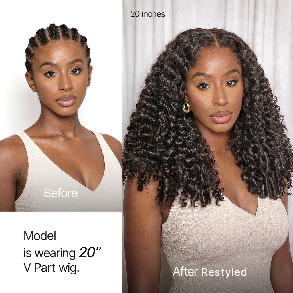 True Scalp V Part 180% Density Burmese Curly Finger Coil Ends Glueless Human Hair Wig with Flexi-Fit Drawstring