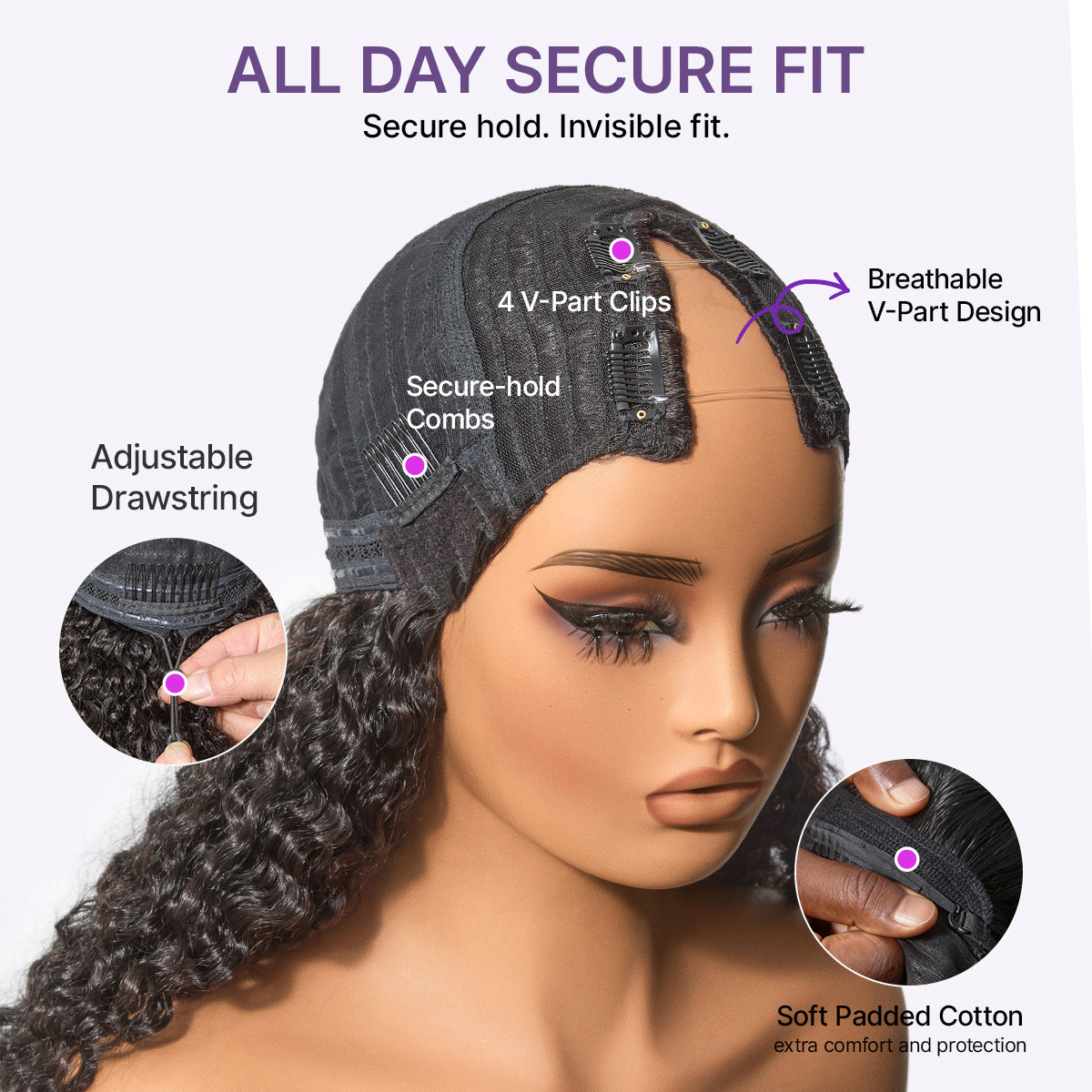 True Scalp V Part 180% Density Burmese Curly Finger Coil Ends Glueless Human Hair Wig with Flexi-Fit Drawstring