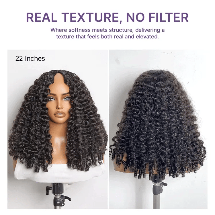 True Scalp V Part 180% Density Burmese Curly Finger Coil Ends Glueless Human Hair Wig with Flexi-Fit Drawstring