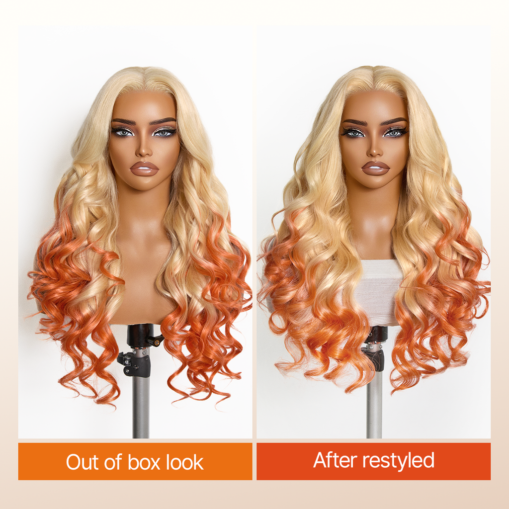613 Blonde to Ginger Ombre Body Wave Glueless Ear-to-ear 13x4 HD Lace Front Wig Pre-Cut Lace Flexi-Fit Drawstring Cap