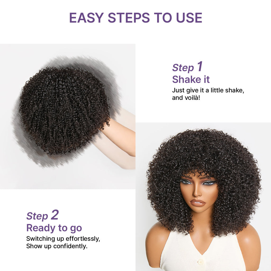 Throw On & Go 200% Density Natural Black Afro Curly No Lace Glueless Short Wig