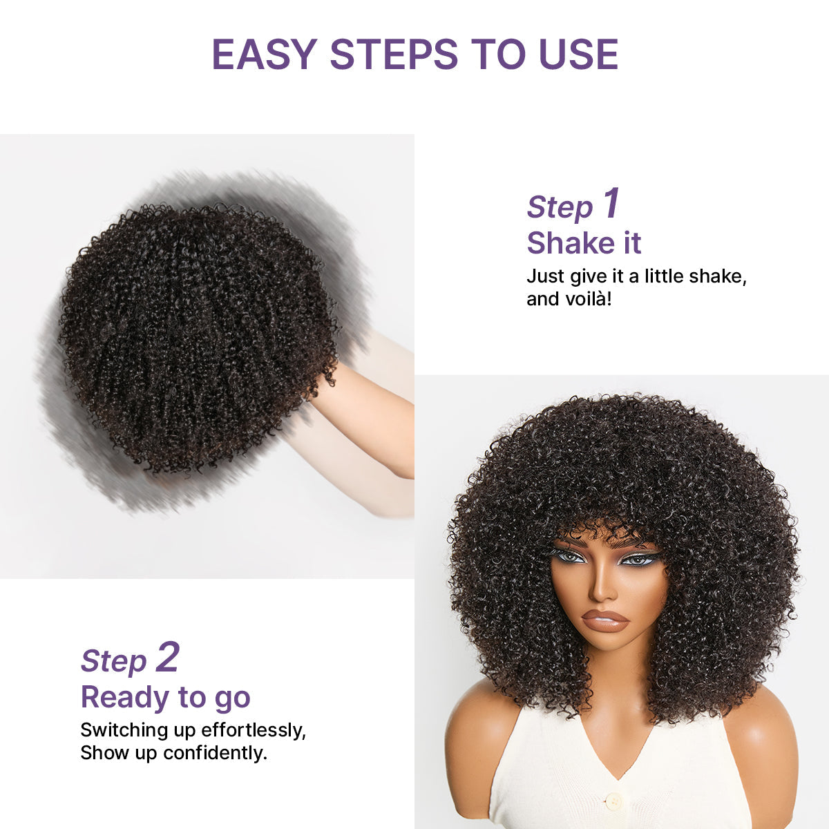 Throw On & Go 200% Density Natural Black Afro Curly No Lace Glueless Short Wig