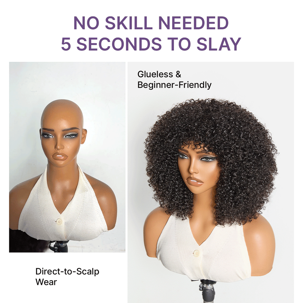 Throw On & Go 200% Density Natural Black Afro Curly No Lace Glueless Short Wig