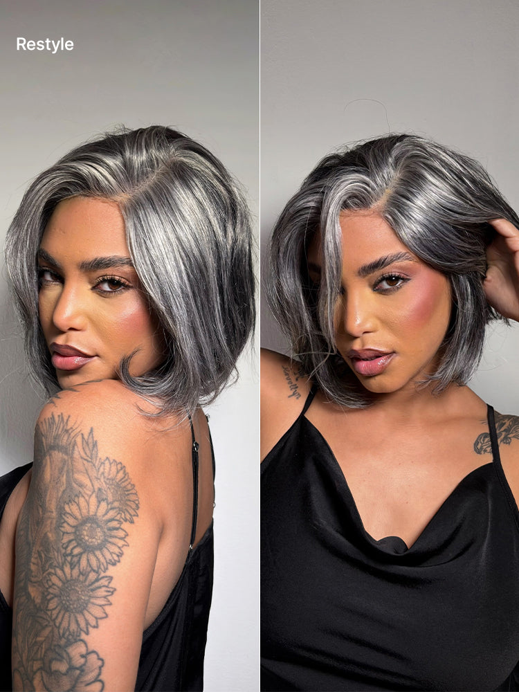 Boss Vibe Salt & Pepper Layered Bob Glueless Pre-Cut Minimalist HD Lace Grey Wig