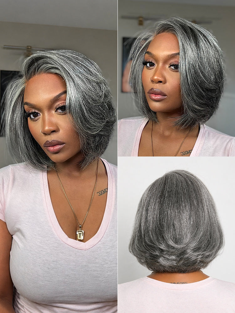 Boss Vibe Salt & Pepper Layered Bob Glueless Pre-Cut Minimalist HD Lace Grey Wig