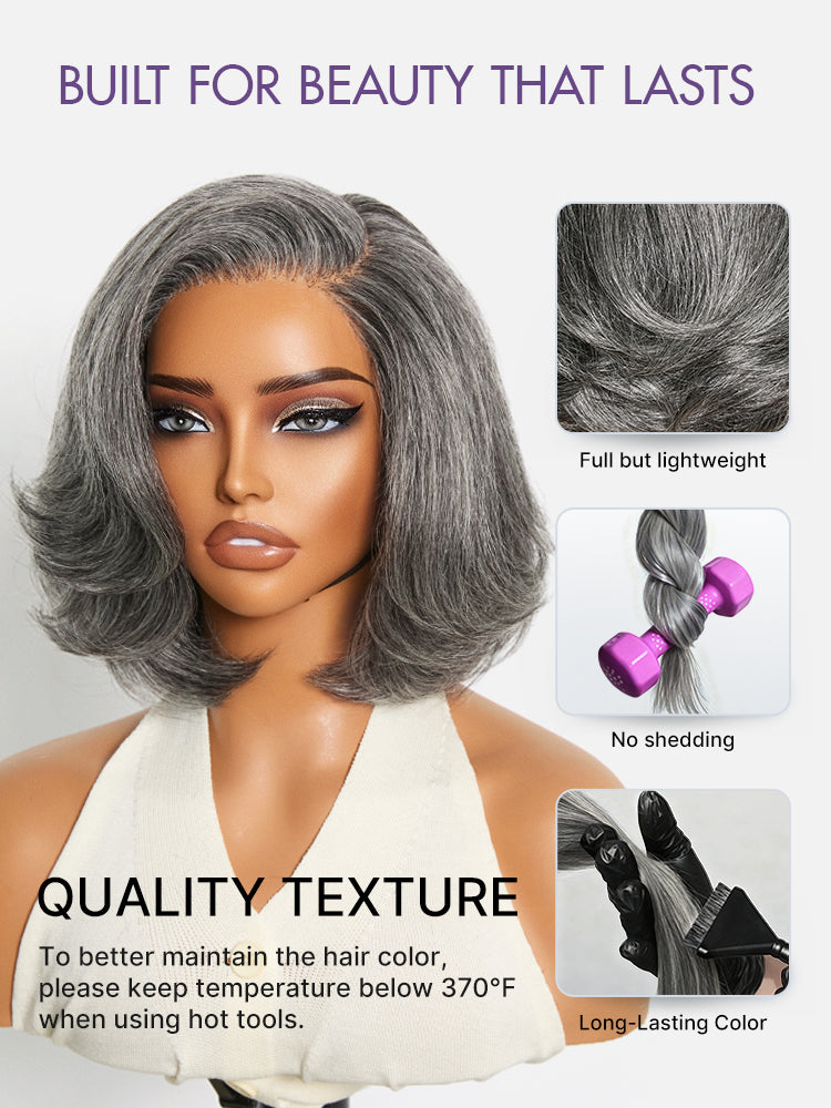 Boss Vibe Salt & Pepper Layered Bob Glueless Pre-Cut Minimalist HD Lace Grey Wig