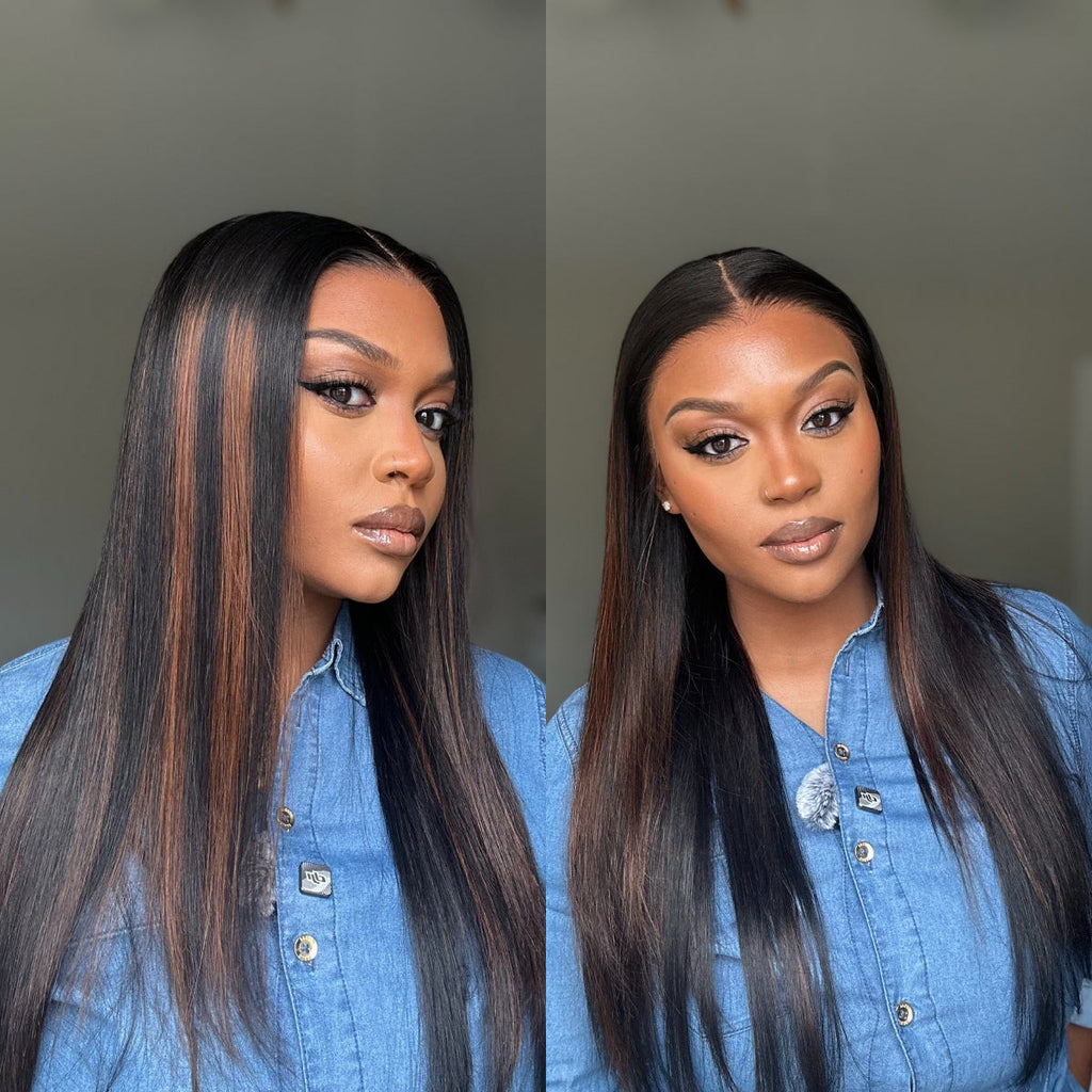 VIP ONLY | PreMax Wigs | Ultra Natural Hairline Brown Highlight Silky Straight Glueless 13x4 Frontal Lace Long Wig